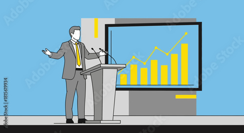 Corporate executive delivering a speech at a conference, illustrating company growth and positive financial results with a chart
