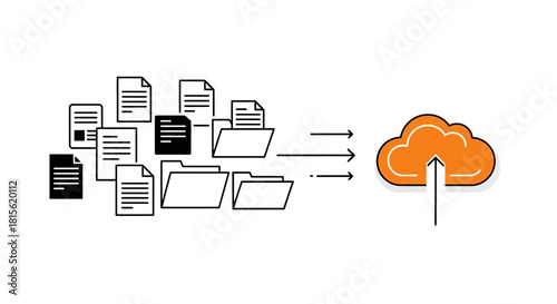 Conceptual illustration of data migration, showing files and documents being transferred and uploaded to a cloud storage service for backup and security