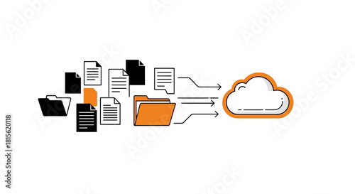 Conceptual illustration of digital documents and folders being transferred and uploaded to a cloud computing server for online storage and data backup