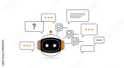 Intelligent chatbot providing automated answers and support, AI robot head with dialogue bubbles for online customer assistance and communication