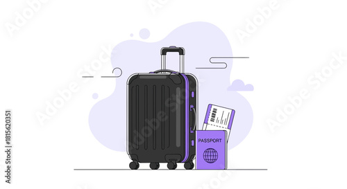 Flat design illustration of a rolling suitcase, passport, and boarding passes, symbolizing a journey or vacation