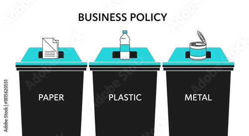 Corporate environmental responsibility concept showing waste segregation with separate bins for recycling paper, plastic, and metal materials