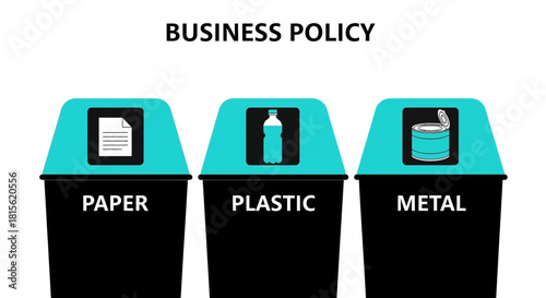 Business Policy Recycling Icons for Paper, Plastic and Metal Waste Management