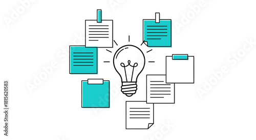 Creative concept of brainstorming and idea generation with a central lightbulb surrounded by notes for planning and strategy