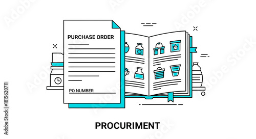 Procurement concept with purchase order document and catalog of items, symbolizing efficient business operations and supply chain management