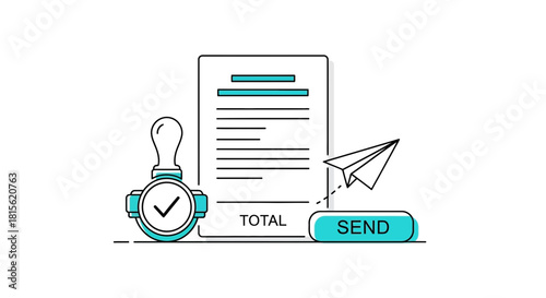 Financial Invoice Icon with Stamp, Paper Airplane, and Send Button for Business and Transactions