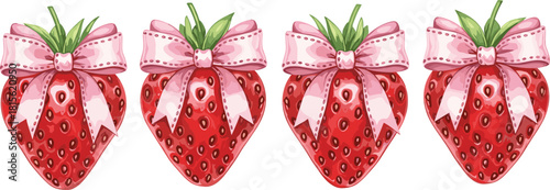 Cute illustration of four ripe red strawberries tied with elegant pink ribbons and bows, isolated on a clean white background, vector
