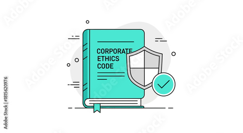 Vector line art illustration of a corporate ethics code book with a shield, symbolizing business integrity, compliance policies, and legal guidelines