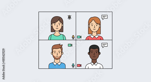 Connecting virtually for remote discussions, a diverse group of four individuals engages in an online video conference, symbolizing teamwork and communication in the digital age