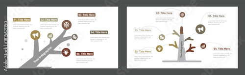 Two Visually Similar Tree Infographics Illustrating Sequential Process with Business Icons on Branches, Presentation Design