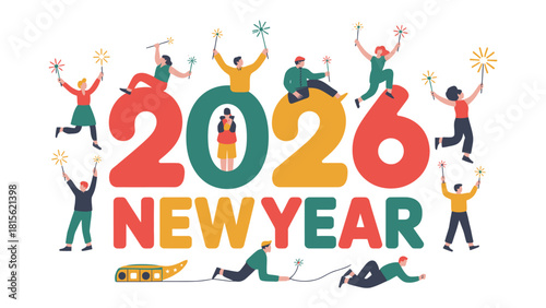 New Year Celebration: Festive individuals celebrate the New Year 2026, with colorful visuals of fireworks, emphasizing a cheerful start to the year. 