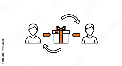 Gifting concept icon showing a gift box exchanged between two stylized people in a circular arrow motion