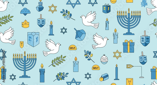 Seamless pattern of Hanukkah symbols including menorahs, dreidels, Stars of David, doves, candles, and gifts on a light blue background.