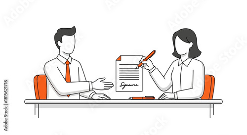 Signing a Business Agreement A Vector Illustration Depicting Contract Approval and Partnership