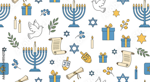 A seamless pattern of Hanukkah symbols including menorahs, candles, doves, Stars of David, dreidels, gift boxes, and scrolls on a white background.