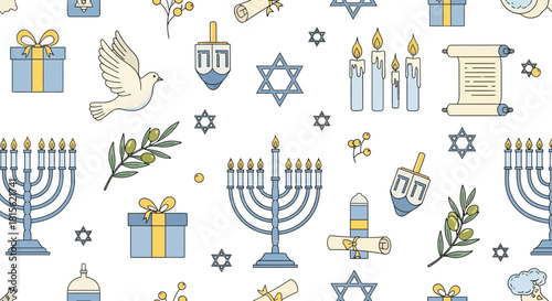 A detailed illustration of various Hanukkah symbols and objects arranged in a repeating pattern.