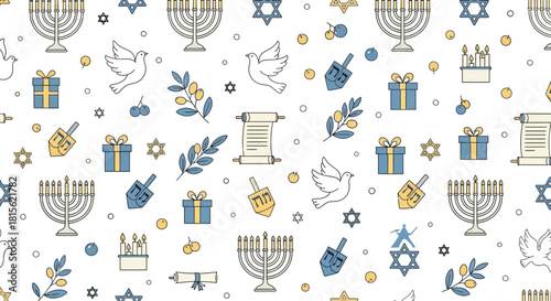 Seamless pattern with traditional Hanukkah symbols including menorahs, dreidels, gifts, doves, olive branches, and Stars of David on a white background.