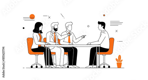 Dynamic illustration of a business team conducting a professional interview or engaging in a productive meeting, fostering collaboration and communication