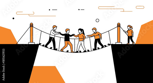 Collaborative team works together to cross a perilous rope bridge, symbolizing support, partnership, and overcoming obstacles