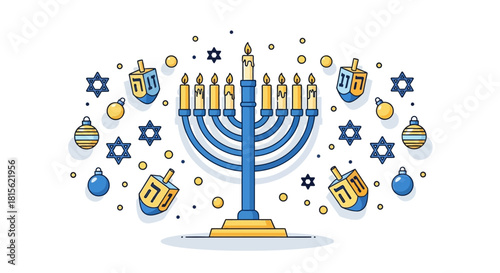 Illustration of a blue and gold menorah with lit candles, dreidels, and stars, celebrating Hanukkah.