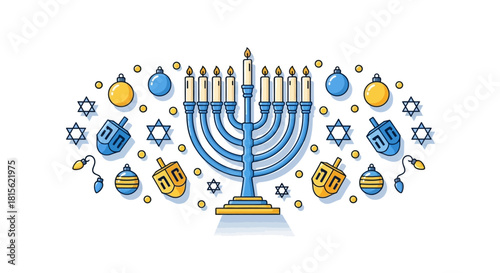 Hanukkah illustration with menorah, dreidels, stars of David, and ornaments.
