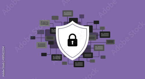A protective shield with a padlock icon symbolizing robust cybersecurity measures for safeguarding a complex digital data network