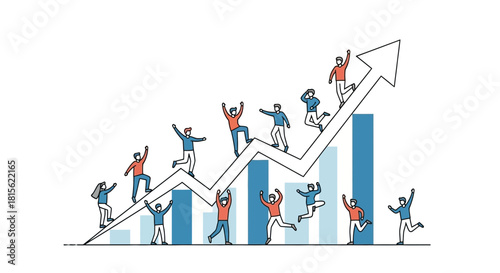Vector illustration of a diverse team of joyful people climbing a rising bar chart arrow, symbolizing business growth, success, and collective achievement