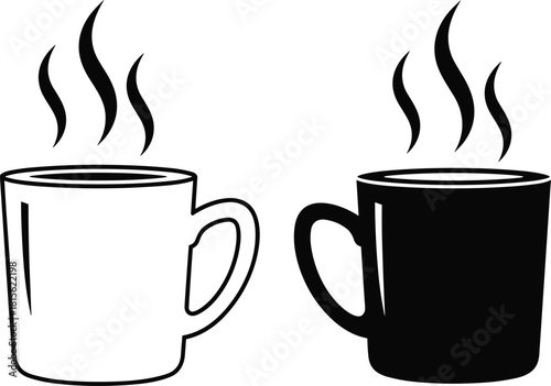 Hot steaming coffee mugs graphic icon set, simple black and white vector outline illustration, perfect for beverage, cafe, and morning concepts.