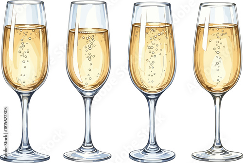 Hand-drawn illustration set of four champagne flutes with golden sparkling wine, perfect for celebrating holidays, new year, party, toast, and anniversary concepts.