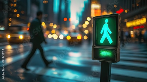 Green pedestrian signal with blurred city street and illuminated buildings in the background, capturing urban life and busy pedestrian movement at dusk