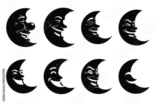 chuckling moon silhouette icon set on the white background