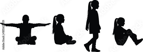 Set of four young girl black silhouettes vector, showing different poses like sitting, walking, and stretching, representing childhood and activity.