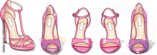 Set of glamorous pink high-heel shoes illustration with sparkling glitter effect, perfect for fashion, celebration, party, beauty, and feminine style concepts.