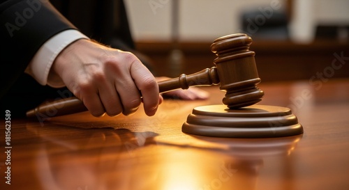 A judge's hand holds a wooden gavel over a courtroom table ready to make a ruling