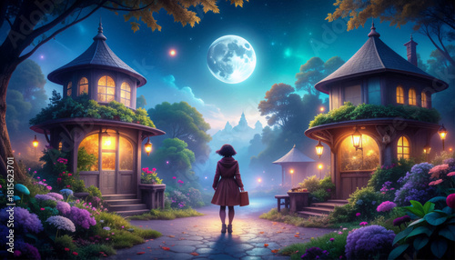 Moonlit fantasy village with glowing lantern homes. Enchanted night street under a bright full moon. Dreamy moonlit town with magical cottages. Serene fantasy night with illuminated huts