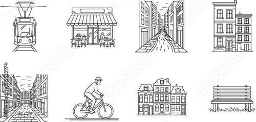 City life urban scene black line art vector icons, street buildings, transportation, outdoor cafes, and architecture illustrations, minimal drawing style, flat design concept