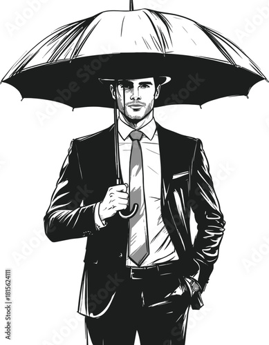051-22-Stylish man dressed in a business suit holding an umbrella, portraying business protection