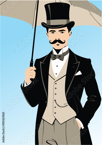 051-21-Stylish man dressed in formal wear with a mustache, standing with an open umbrella