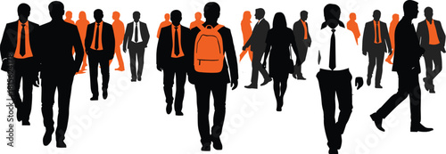 Professional business people commuting in silhouette, one standing out with a bright orange backpack representing individuality, entrepreneurship, and career aspiration in a diverse crowd.
