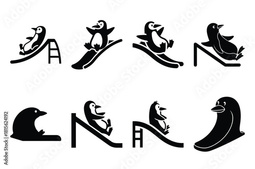 goofy penguin slide silhouette icon set on the white background