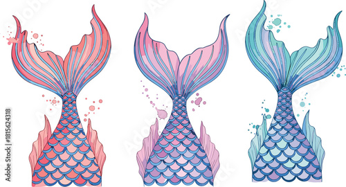 Watercolor mermaid tails set illustration with vibrant pink, purple, and teal fish scales, isolated on a white background, fantasy kids design element for parties and summer themes.