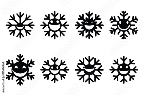 grinning snowflake silhouette icon set on the white background