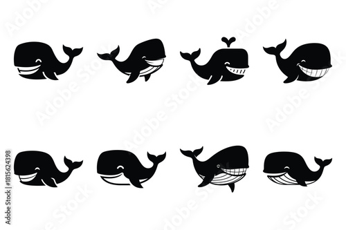 grinning whale silhouette icon set on the white background