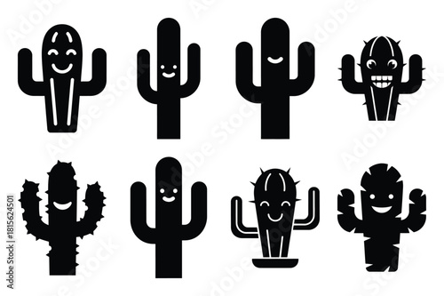 happy cactus silhouette icon set on the white background