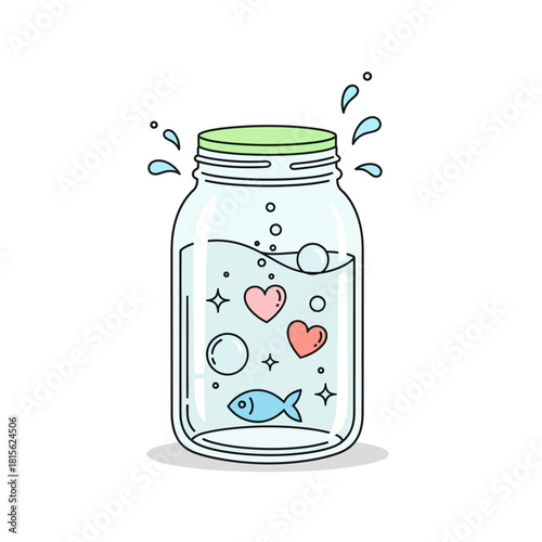 Whimsical jar filled with floating hearts, bubbles, stars and a solitary blue fish