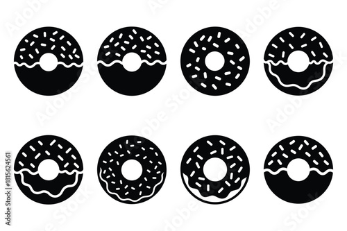 happy donut sprinkle silhouette icon set on the white background