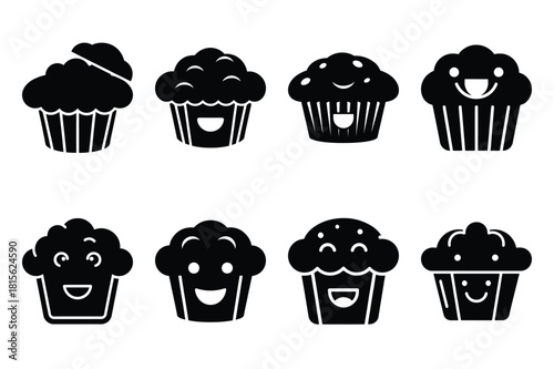 happy muffin silhouette icon set on the white background