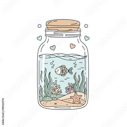 Whimsical ocean ecosystem within a jar, capturing marine life and serenity in a decorative art piece