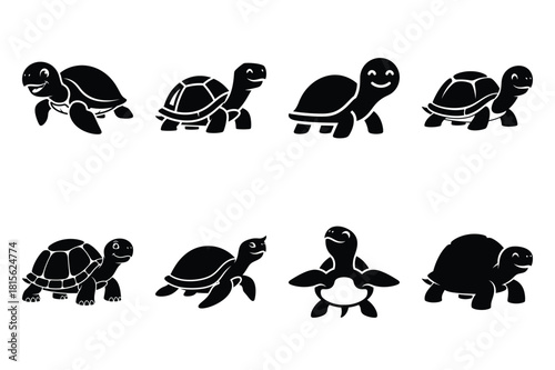 happy turtle silhouette icon set on the white background