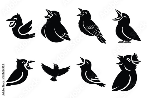 laughing bird silhouette icon set on the white background